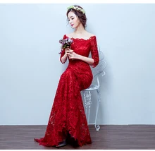 Robe de soriee Burgund Spitze Abendkleid 2017 Mit Halb hülse Weg Von der Schulter Lace Up Abendkleider Importierte Party kleider