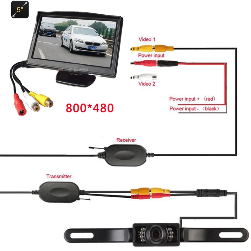 

5" TFT Car Monitor Car TFT LCD Screen with 2.4g WIRELESS Car Rear View System Backup Reverse Camera 7 LED Night Vision Cam