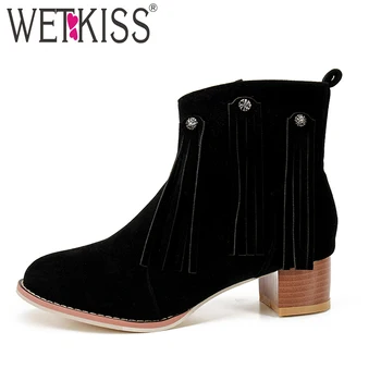 

WETKISS Winter Ankle Women Boot Round Toe Flock Footwear Thick Heels Female Boots Tassel Shoes Women 2018 Plus Size 34-43 Black