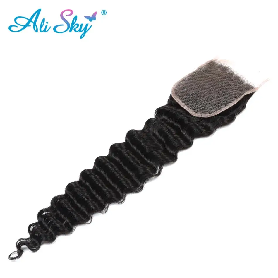4x4 Malaysian Deep Wave Lace Closure 8-22 Inch Free/Middle/Three Part With Baby Hair 120% Density Non Remy Ali Sky Frontal Black