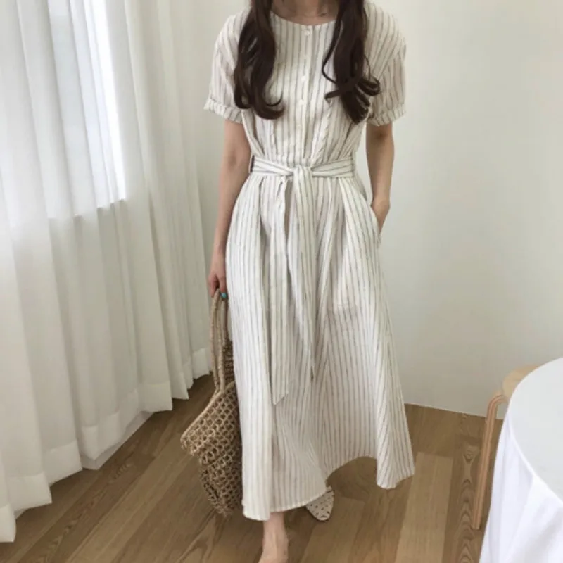 

Korean Women Summer Long Striped Shirt Dress Ladies A-Line Vestidos with Bandage Elegant Robe Femme Sukienki Kleider Damen