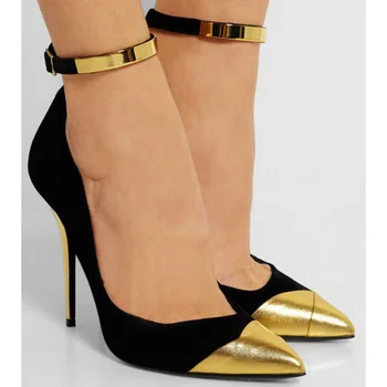

Fashion Office Ladies Shoes Black and Gold Ankle Strap Woman High Heels Stilettos Metallic Heels Sexy Women Pumps Plus Size 43