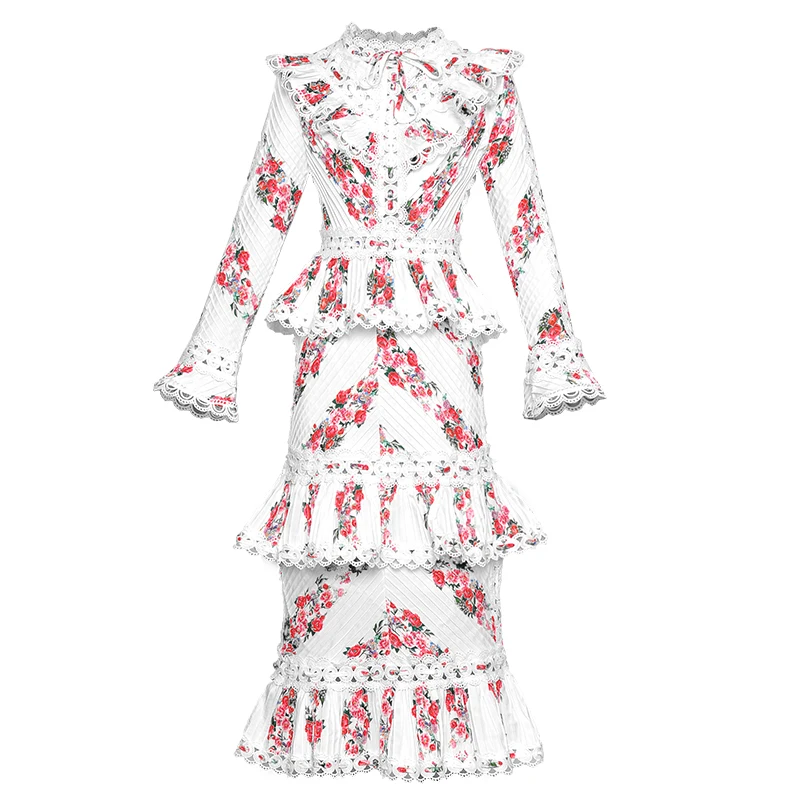 

VERDEJULIAY Runway Dress 2020 Summer Spring New Fashion Long Sleeve Flowers Printed Lace Hollow Pleated Cascading Ruffle Dress
