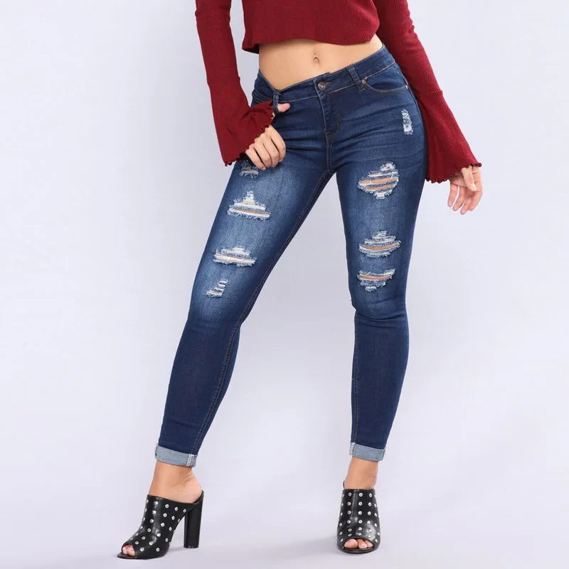 

Summer Long Jeans Woman Mid Waist Button Pockets Cotton Pants Sexy Lift Hip Jean Casual Ripped Hole Women's Mom Denim Pants