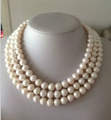 

HOT 0015594 triple strands 10-11mm south sea white pearl necklace