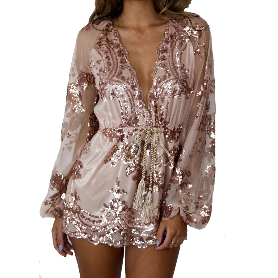 

Fashion Sequin Bodysuit Sexy Jumpsuit Deep V Neck Sequin Embroidery Short Jumpsuit Elegant Rompers Belt Tassel Playsuit MT2158