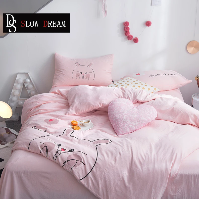 

SLOWDREAM Rabbit Cartoon Bedding Set Pink Duvet Cover Set Flat Sheet Pillowcase Decor Bed Set Double Queen King Home Textiles
