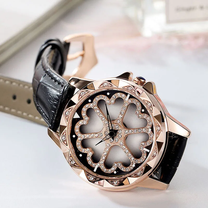 

Rotating Student Watch Woman Quartz Watch Ladies Rose Gold Full Diamond Clock Leather Bracelet Waterproof Table Top Brand Luxury
