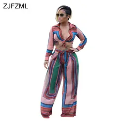 ZJFZML повседневный комплект из двух предметов Женская одежда с длинным рукавом с отложным воротником короткий топ + широкие брюки