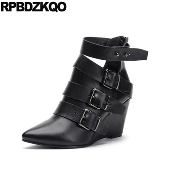 

Fall Wedge High Heel Boots Genuine Leather Pointed Toe Short Autumn Black Pointy Booties Ladies Designer Shoes Women Luxury 2018