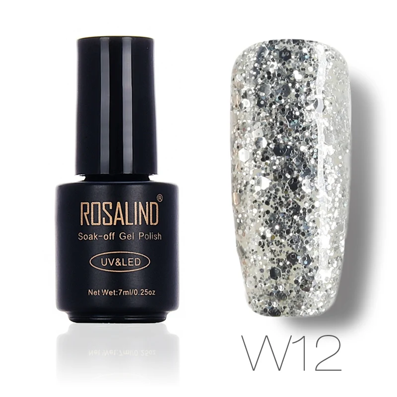 ROSALIND 7 мл дизайн ногтей алмазный Блестящий Гель-лак для ногтей УФ светодиодный замачивающийся лак дизайн нужен топ и Базовое покрытие - Цвет: W12