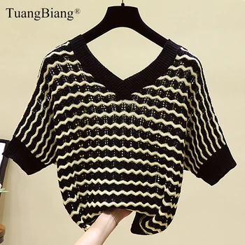 

Women V-Neck Half Sleeve Hollow out Sexy Sweaters 2019 Wavy stripes Knitted Female Pullovers Loose Contrast color Ladies Jumper