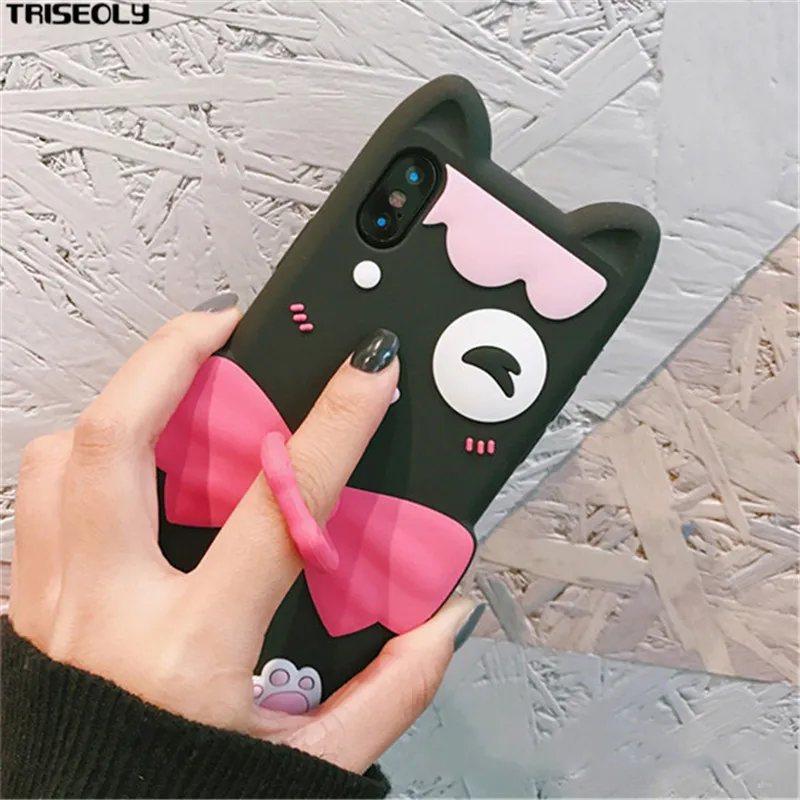 

Triseoly Case For iPhone 7 6 X 3D Silicon Cartoon Cat Finger Loop Buckle Soft Phone Cover For iPhone X 6S 8 Plus Case