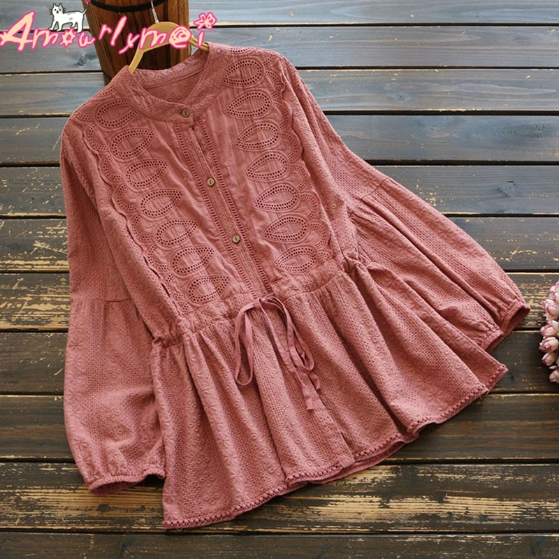 

2019 Spring Women Blouse Mori Girl Vintage Hollow Out Embroidered Lace Stand Collar Long Sleeve Tops and Shirt Blusas Femininas
