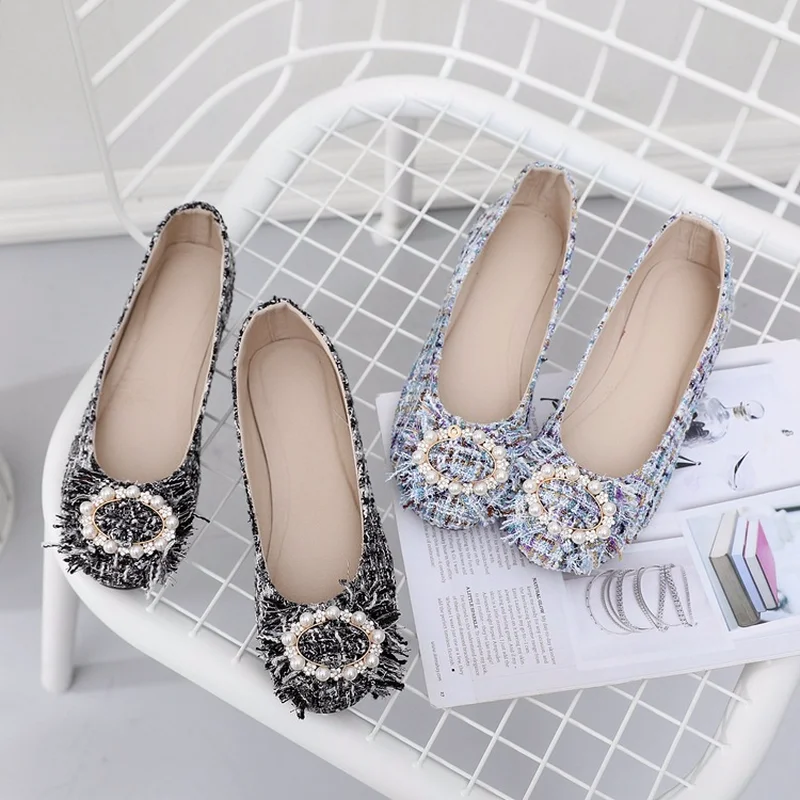 

SexeMara Fashion Women Flats Boat Shoes Woman Shallow Mouth Single Shoes Ladies Pearl Decoration Black and White Plaid Pattern