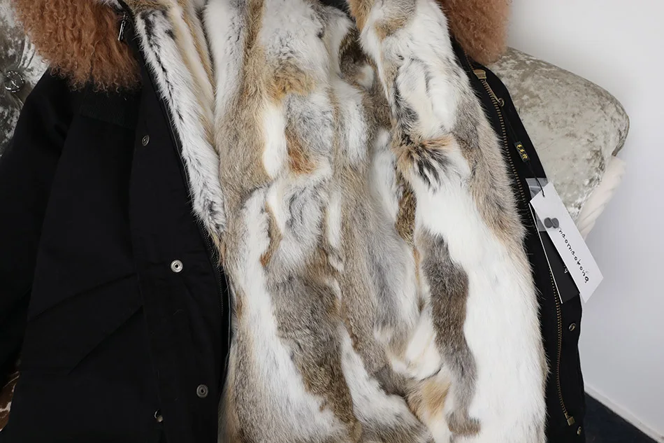 MAOMAOKONG2018 зимняя женская куртка из натурального меха, короткое пальто из натурального меха монгольской овцы, меховая парка с кроличьим подкладом, джинсовая куртка-бомбер
