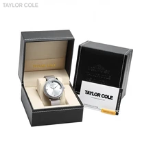 Taylor Cole Luxury Leather Box Round Slim Crystal Rhinestone Bezel Mesh Steel Bracelet Band Quartz Women