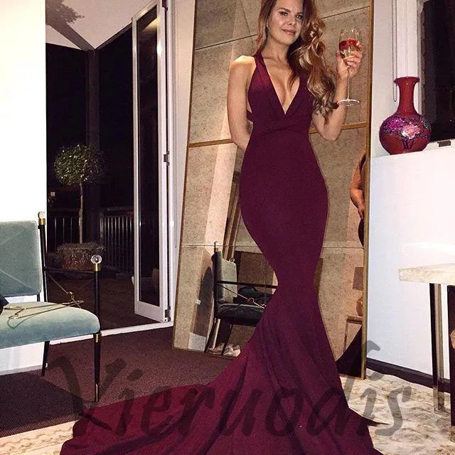 161Simple Burgundy Prom Dresses 2019 Sexy Mermaid Backless Sleeveless Sweep Train Long Party Dresses Evening Gowns Formal Wear