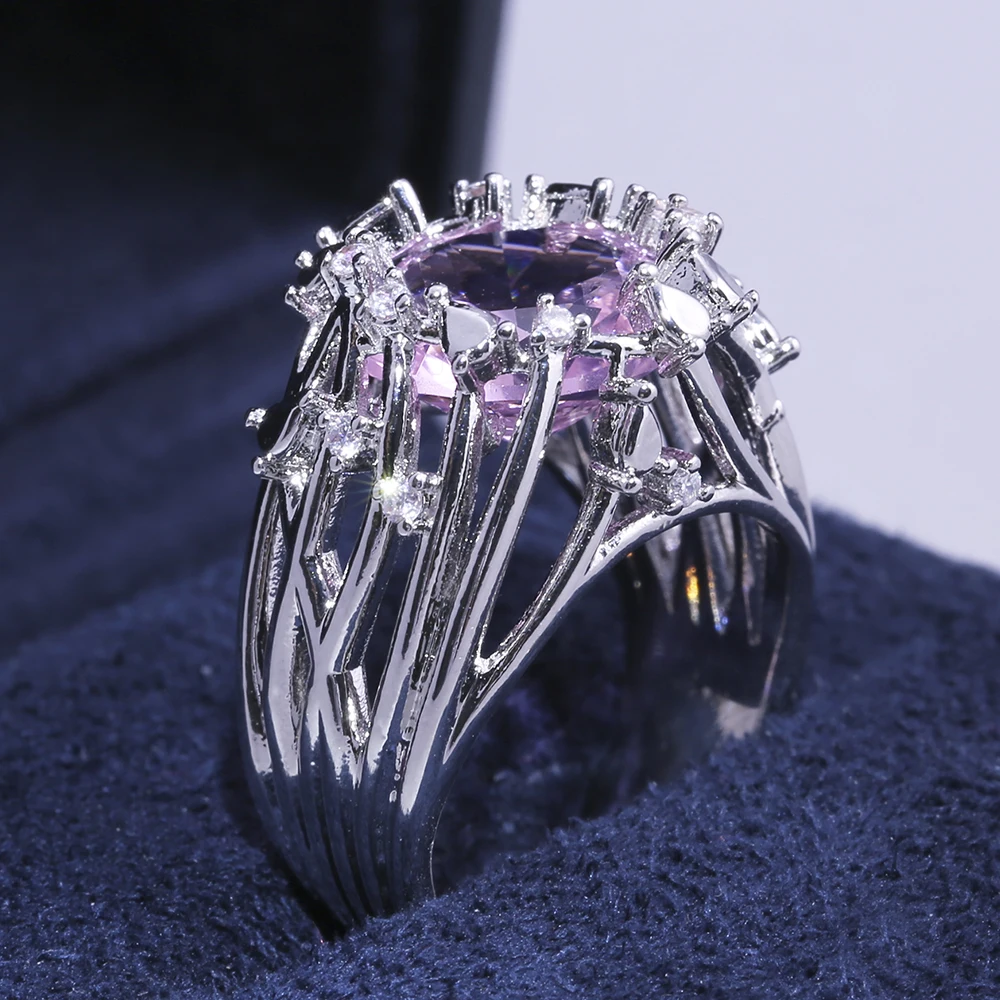 

Huitan Luxury Cocktail Party Women Ring With Pink Stone Fashion Thin Twig Band Trendy Anniversary Gift Birthday Present Ring