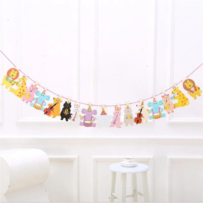 

1set Cartoon Animal Music Party Flag Hanging Paper Garlands Banner Birthday Party Decorations Kids baby shower decorations-S