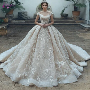 شراءWaulizane الفاخرة V-العنق من الشمبانيا Colro الكرة ثوب الزفاف قبالة الكتف فستان الزفاف