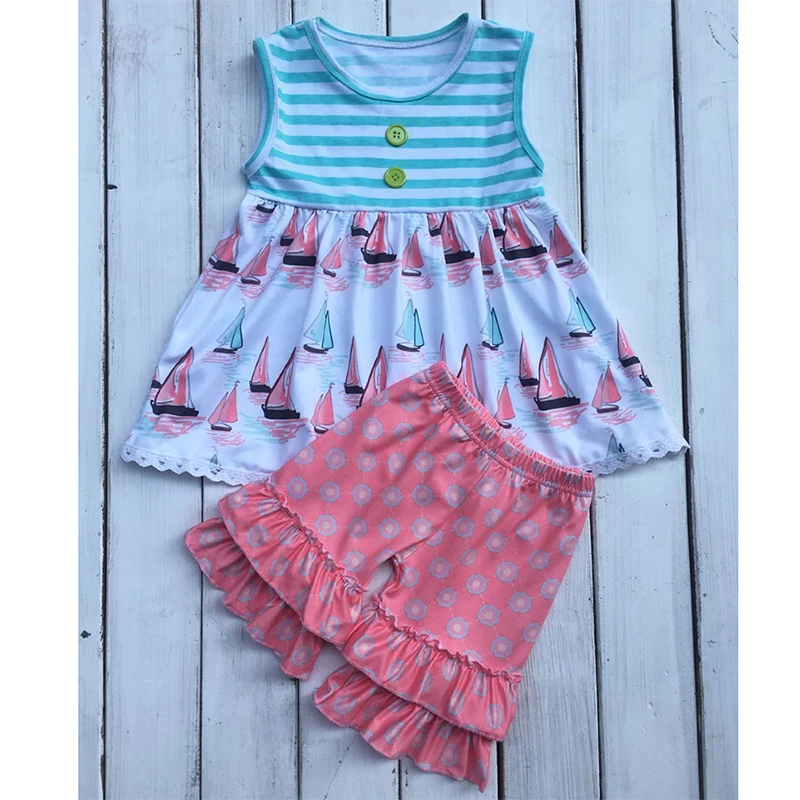

2019 Summer New Baby Girl Clothes Children's Set Cotton Round Collar Horizontal Sailing Pattern Print Girl Set