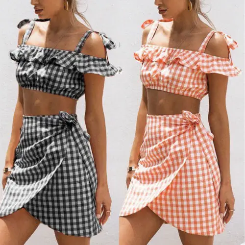 

Fashion Two piece set Women Boho Summer Beach checkerboard gingham Crop Top Party Short Mini Skirts Casual 2 piece set