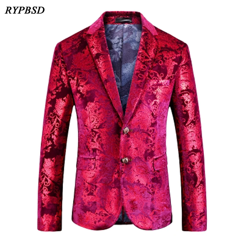 Velvet Red Blazer Men Paisley Floral Blazer Wine Red Suit Elegant