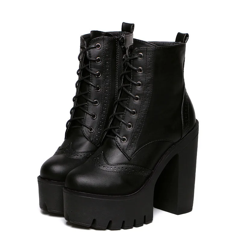 Hot Sale Black Square Heels Platform Boots Ankle Boots Female Lace Up Women Shoes Fashion 2016 Spring Brand Free Shipping
