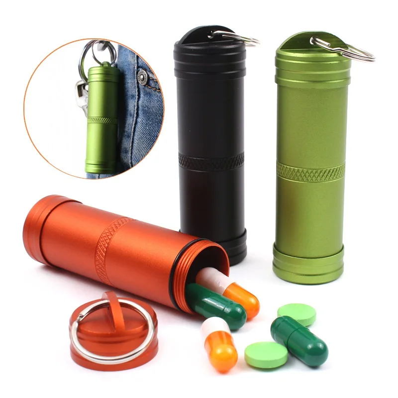 

Camping Survival Waterproof Pills Box Container Aluminum Medicine Bottle Keychain Outdoor Emergency Gear Kits EDC Travel Tool
