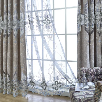 

Luxury Style Bedroom European Chenille Curtains for The Living Room Window Shading Grey Cloth Embroidery Tulle Velvet Curtains