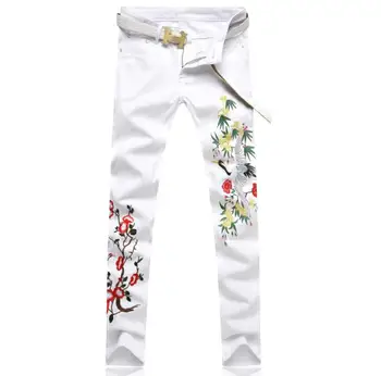 

Men's Crane Embroidered Jeans Flower Bird Floral Patches Slim Fit Denim Pants White Long Trousers High Quality