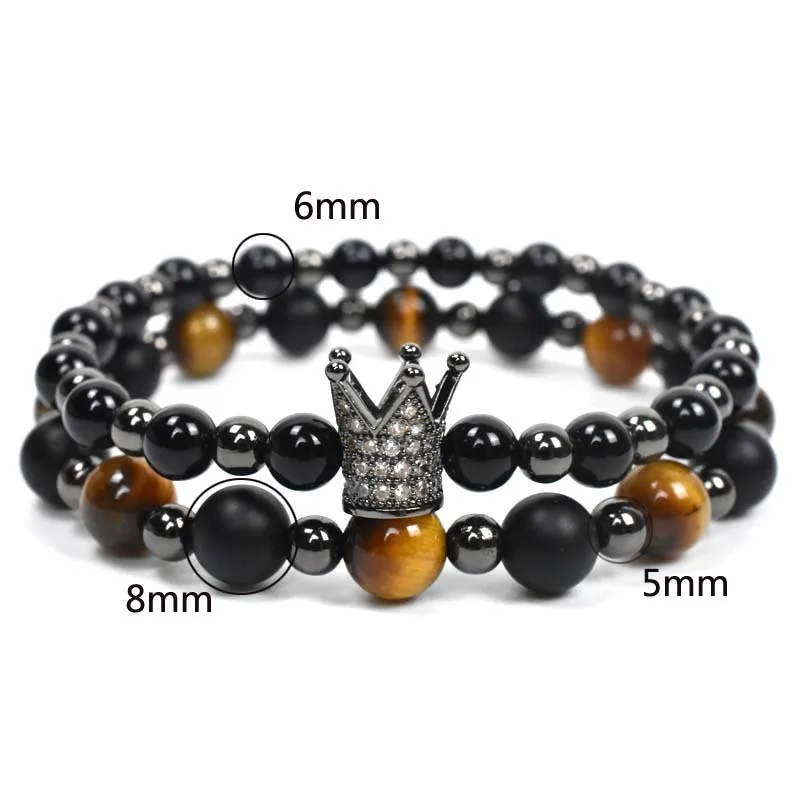 

2pcs/set Men Woman Bead Bracelet Crown Charm Bangle Natural Beads Buddha Bracelet for Women and Mens Pulseras Masculina