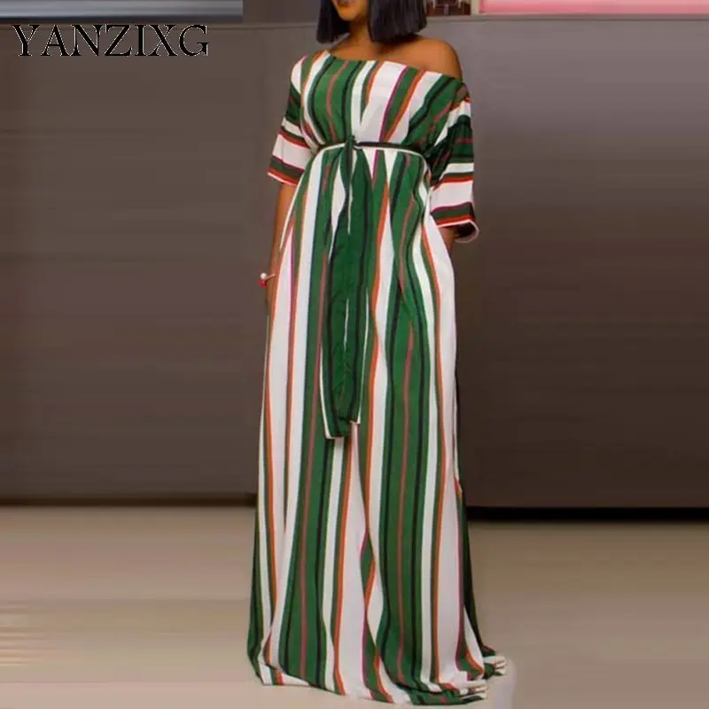 

2019 Summer Boho Polka Dot Maxi Women Green Stripe Loose Casual Big Swing Robe High Waist Lace Up Female Long Dress Z179