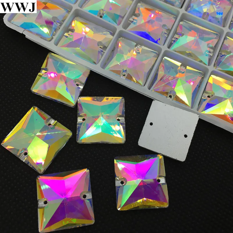 

All Sizes Crystal AB Color Square Shape Sew On Flatback Rhinestone 2 Holes Silver Base Sewing Crystal for Party Dress Decoration