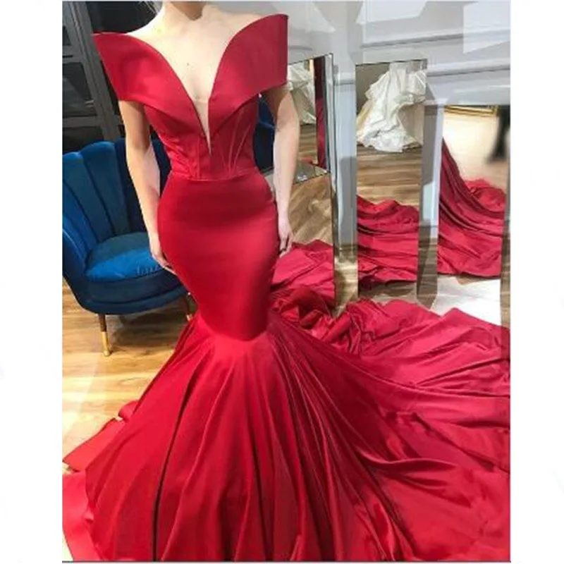 

Gorgeous Red Long Mermaid Evening Party Dresses Off Shoulder Arabic Style Pleated Satin Formal Women Prom Gowns robe de soiree
