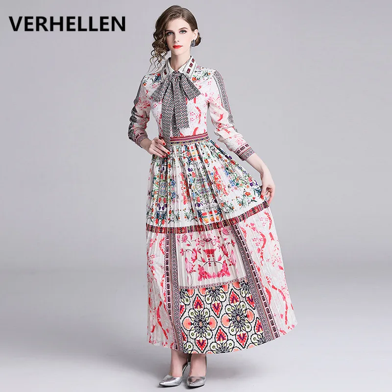 

VERHELLEN High Quality Runway Designer Spring 2019 Fashion Women's Long Sleeve Bow Floral Print Elegant Pleated Maxi Long Dress