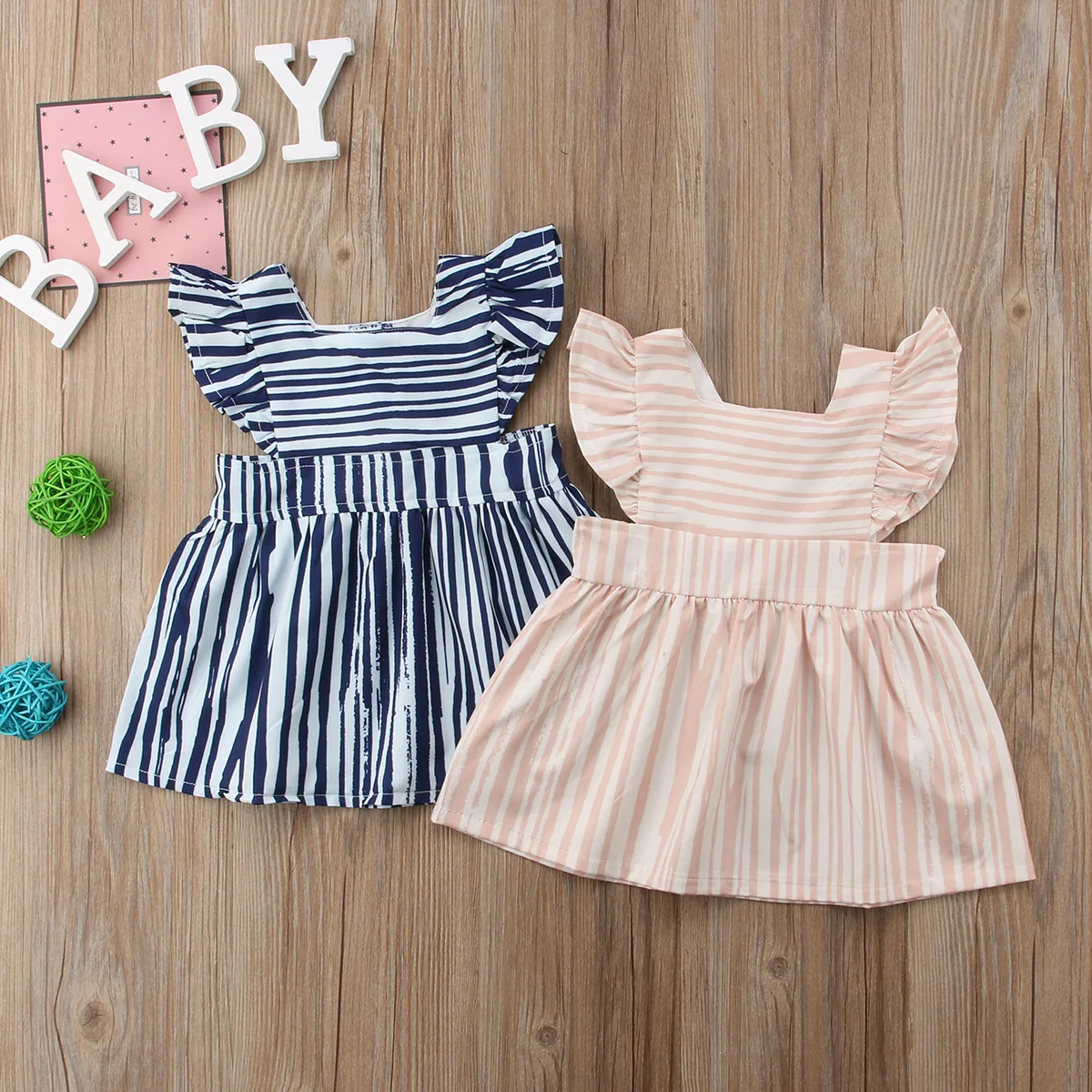 

Casual Toddler Kids Baby Girls Striped Flutter Sleeve Single Breasted Dress Princess Party Dresses Sundress Cotton Clothes 6M-4T