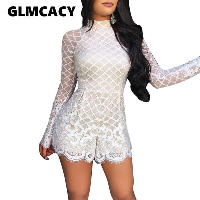 

Women Mesh Lace Applique See Through Bodice Romper White Playsuit Elegant Ladies Long Sleeve Rompers Playsuit