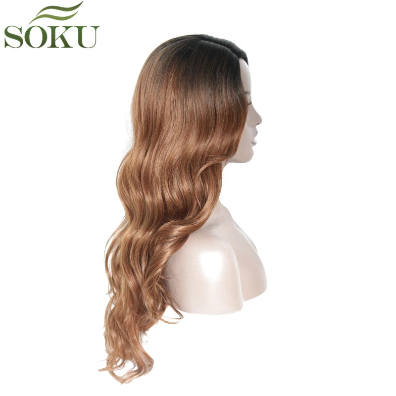 Ombre Brown Synthetic Lace Wigs With Bang Side Part Long Wave Wigs For Black Women Glueless Heat Resistant Fiber Wig SOKU