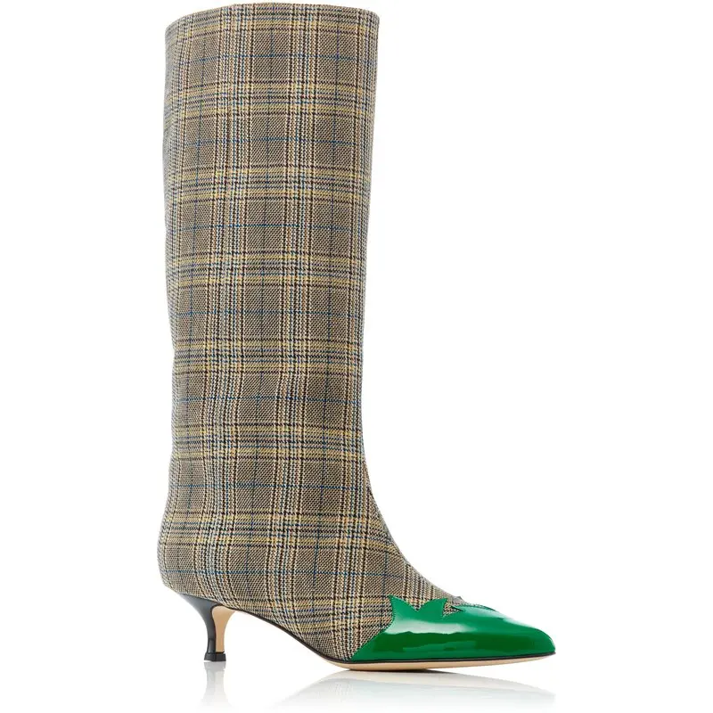 Ferse Hohe Mischfarbe As Laufsteg Hahnentritt Schuhe Stiefel Karierten Frau Show Zeigen Mode Spitz Dünn Sexy Stoff Knie BnTTPxwtRq