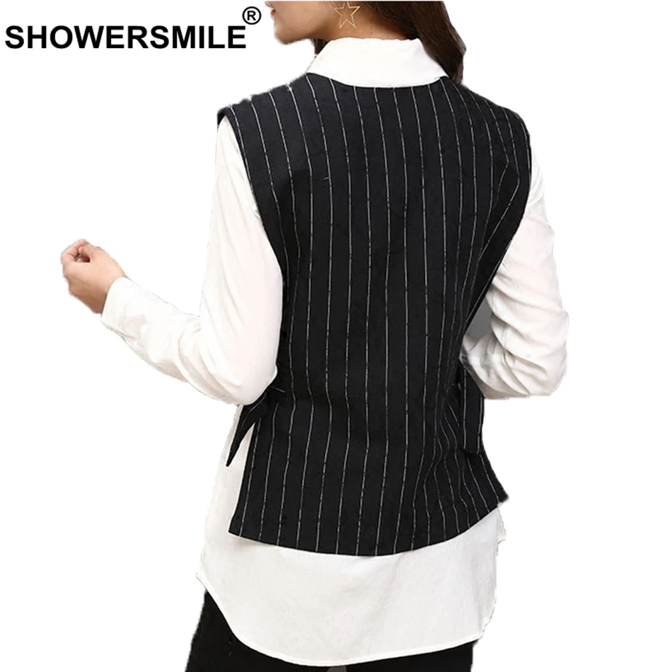 SHOWERSMILE Womens Vest Jacket Black Striped Waistcoat Ladies Linen OL Adjustable Waist Slim Fit Female Short Spring Gilet 3xl