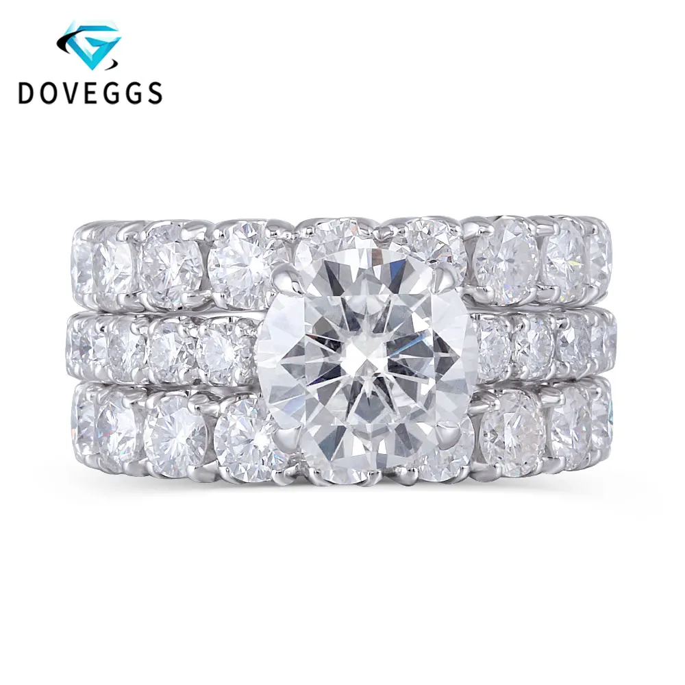 

DovEggs 14K Solid White Gold 3ct 9mm F Color Moissanite Engagement Ring Set with Accent Elegant Eternity Wedding Band for women