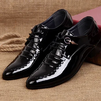 

2018 Spring Hot Sale Men Work Business Leather Dress Shoes Pointed Toe Lace-up Casual Patent Leather Wedding Shoes EU Size 37-44