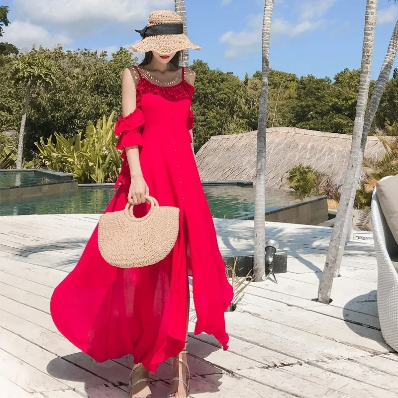 

New Fashion Mid-Calf Sleeveless Spaghetti Strap Party Dresses Summer Women High Waist Ruffles Dress Elagent Vestidos