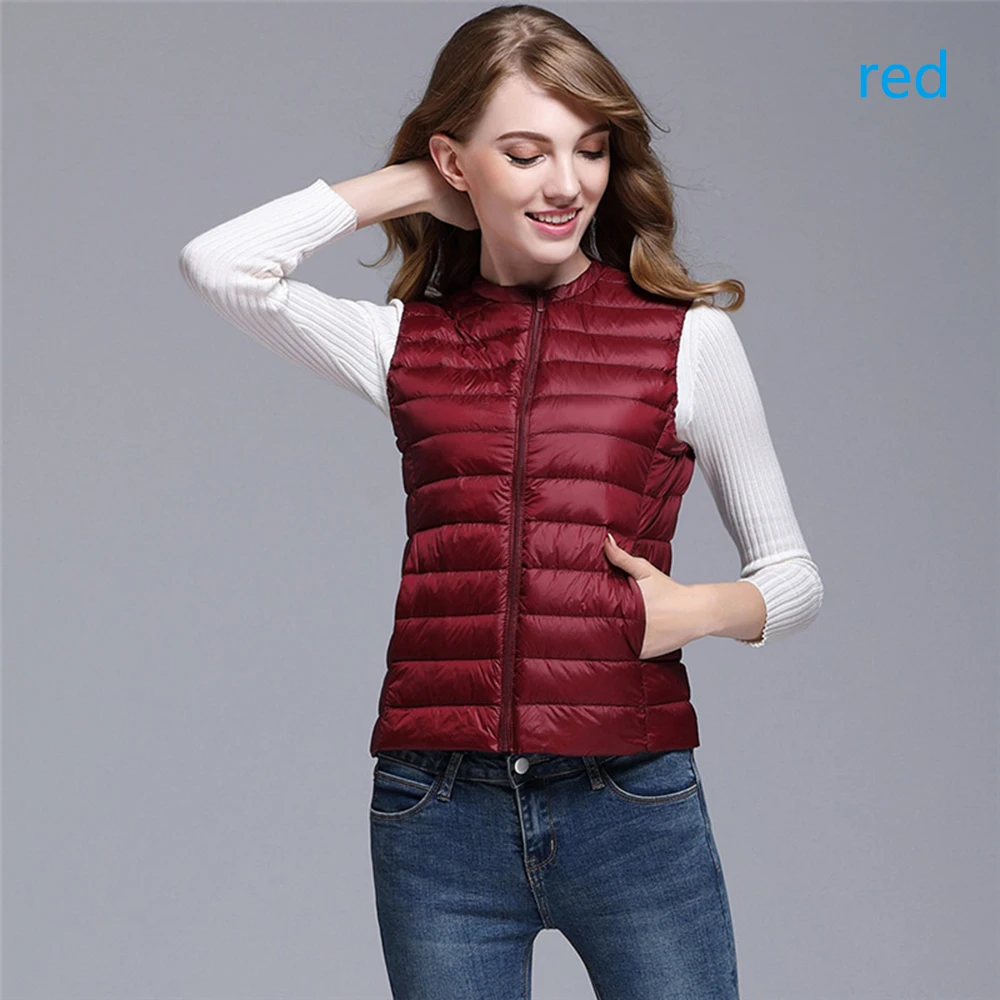 Koop Vrouwen Ultra Light Duck Down Vest Jas Vrouwen Witte Eendendons Vest 2019 Herfst Winter Ronde Kraag Mouwloze Jas voor Vrouwen