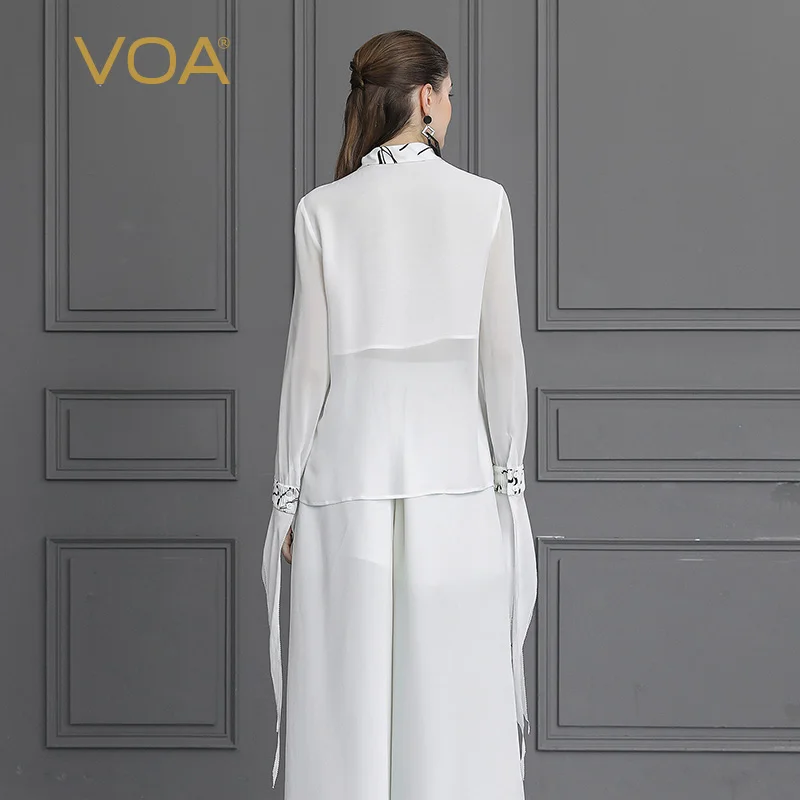 VOA White Silk Blouse Office Shirt Basic Women Tops Large Size Long Sleeve Autumn Casual Elegant Harajuku Befree blusas B550 Blouses