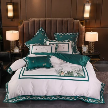 

Green White Luxury Embroidery 80S Egyptian cotton 4/7pcs Bedding Set Queen King Size Duvet Cover Bed sheet Bed Linen Pillowcases