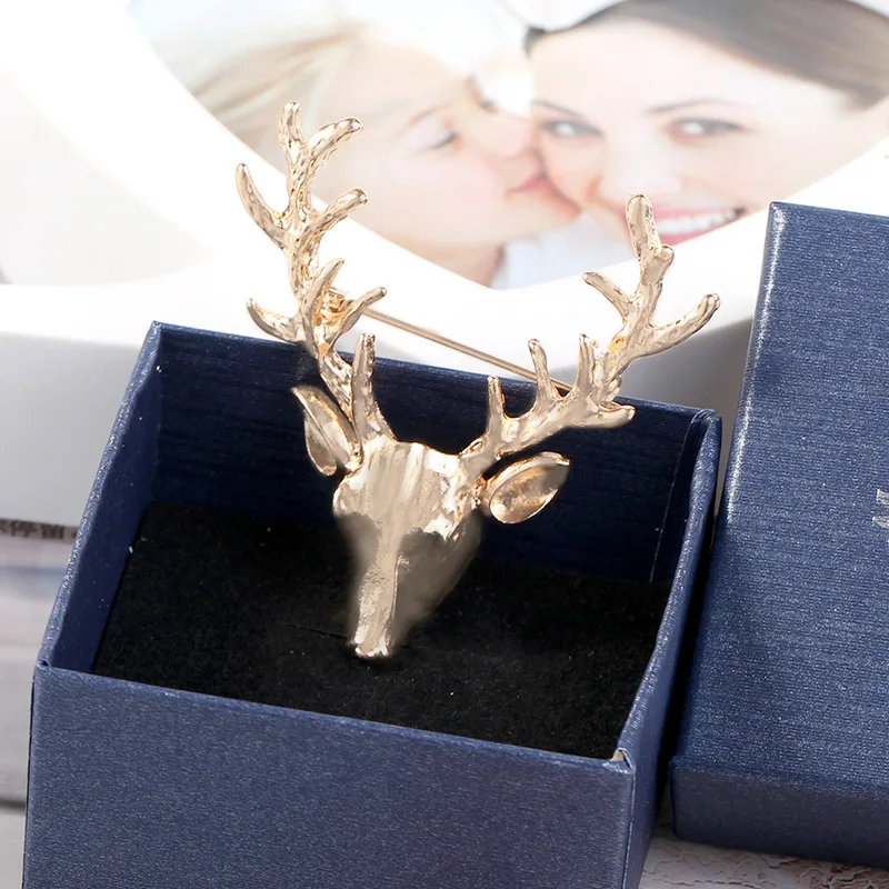 Unisex Animal Christmas Xmas Popular Cute Gold Deer Antlers Head Pin Brooches For Women Lady Classical Decoration Pins