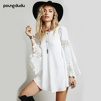 

Poungdudu maternity pregnant women dress chiffon stitching lace loose long sleeve A word dress Large size women's maternity dres